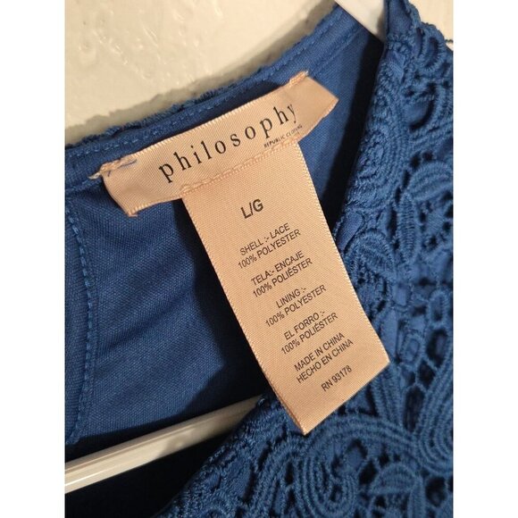 Philosophy Blue Lace Lined Crew Neck Short Sleeve Blouse Top sz L - Picture 3 of 6